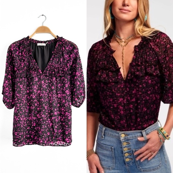 Ramy Brook Sara V-Neck Purple and Black Plumberry Textured Top size XS - Picture 2 of 9